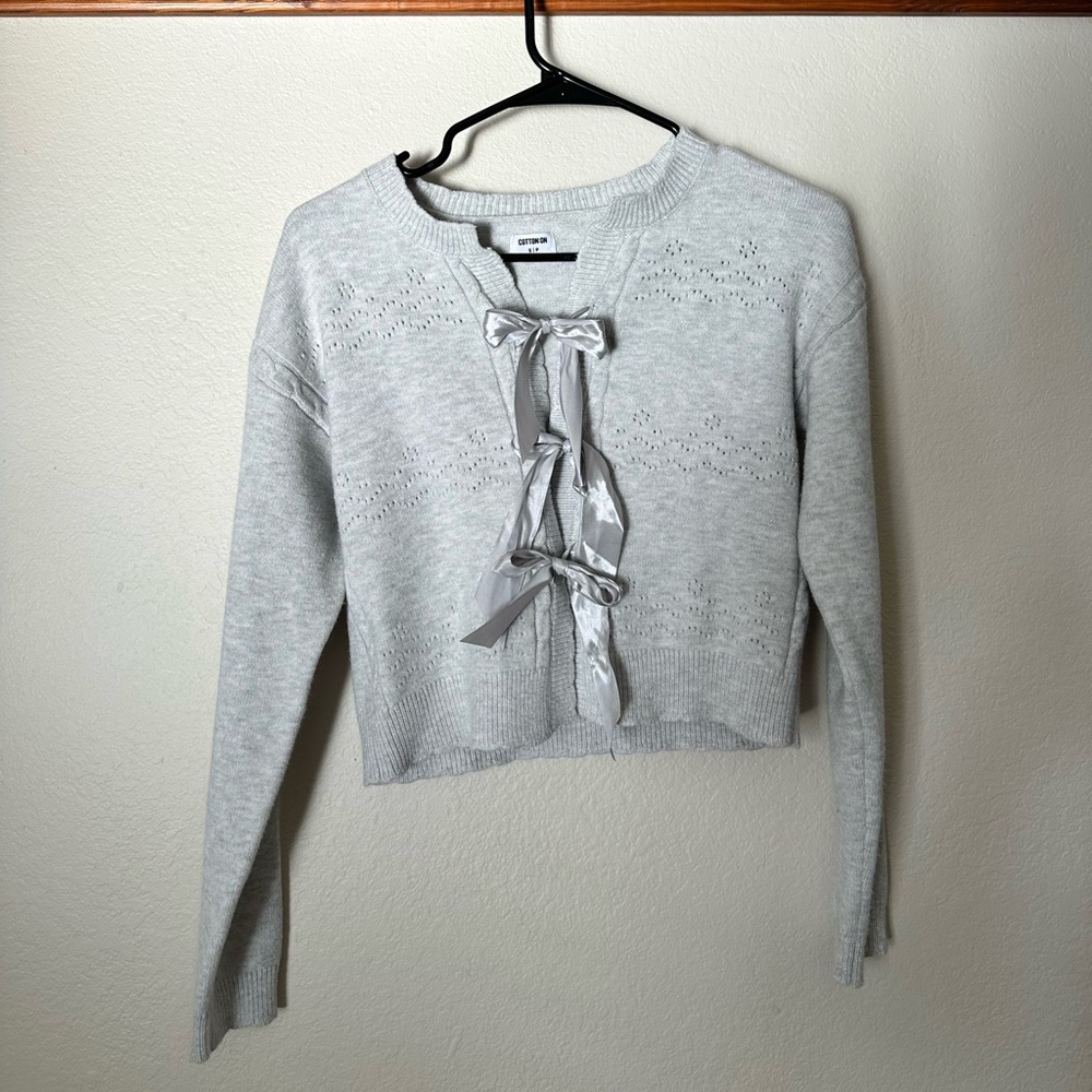 Cotton On Light Gray Ribbon-Front Knit Cardigan
